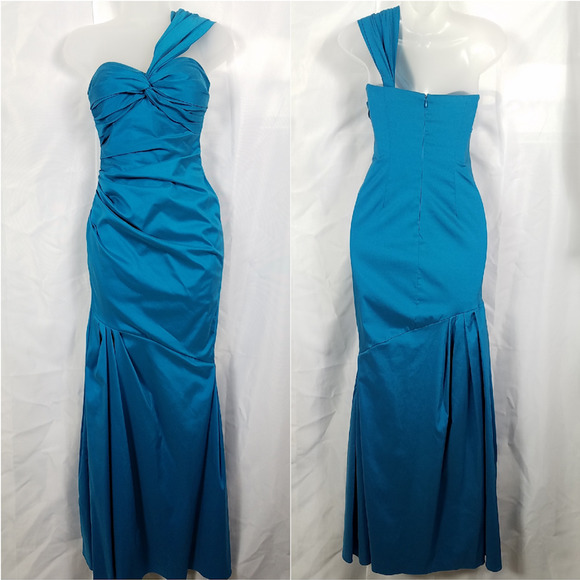 David Meister Formal Dress Ruched Teal Blue Size 2 Asymmetrical Ruched Long - Picture 13 of 14